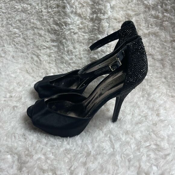 Steve Madden Black satin  With Sparkle Stones ankle strap platform heels SZ8.5 - Picture 4 of 9